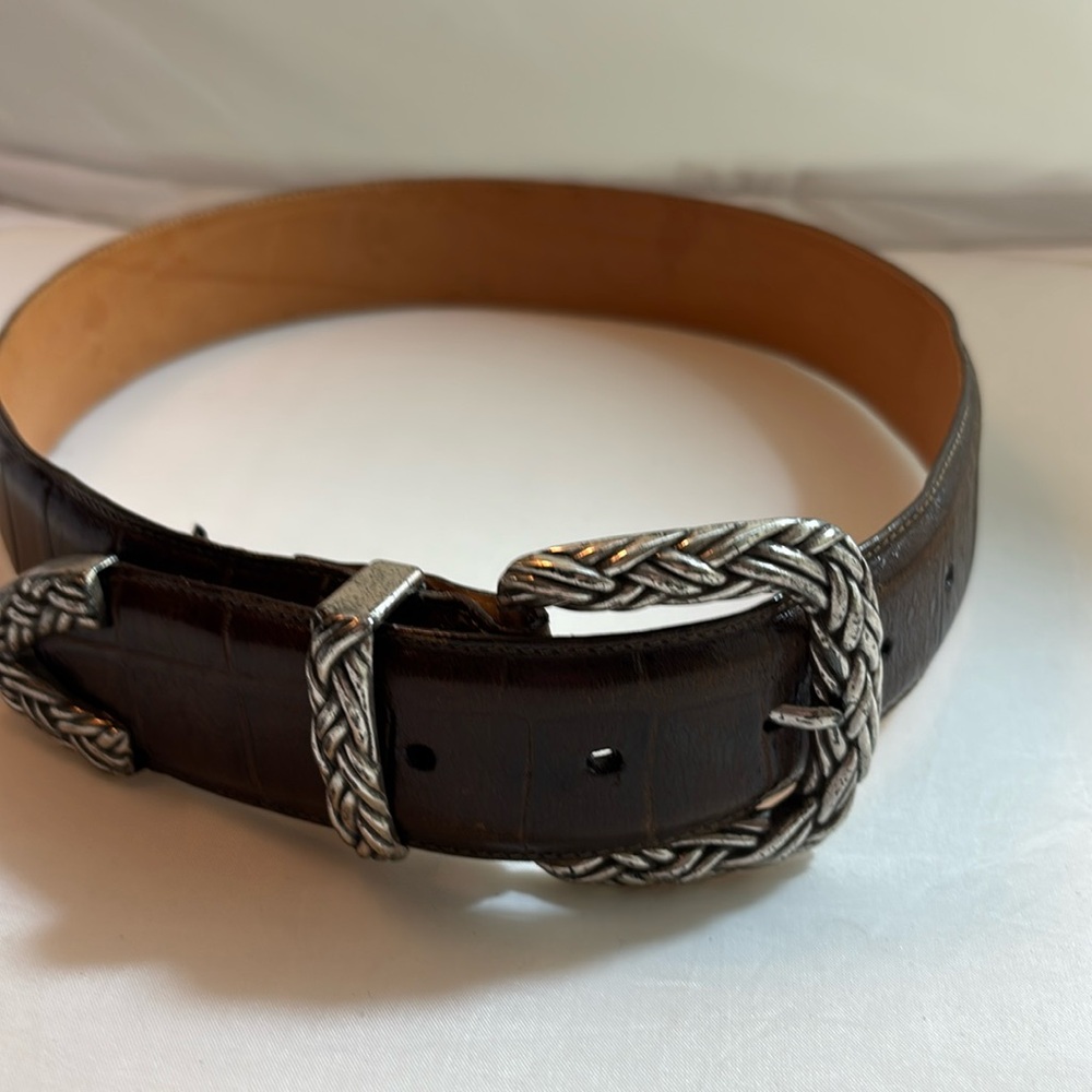 BRIGHTON Women's Brown Leather Croc Silver Buckle Belt Size S Style #47209
